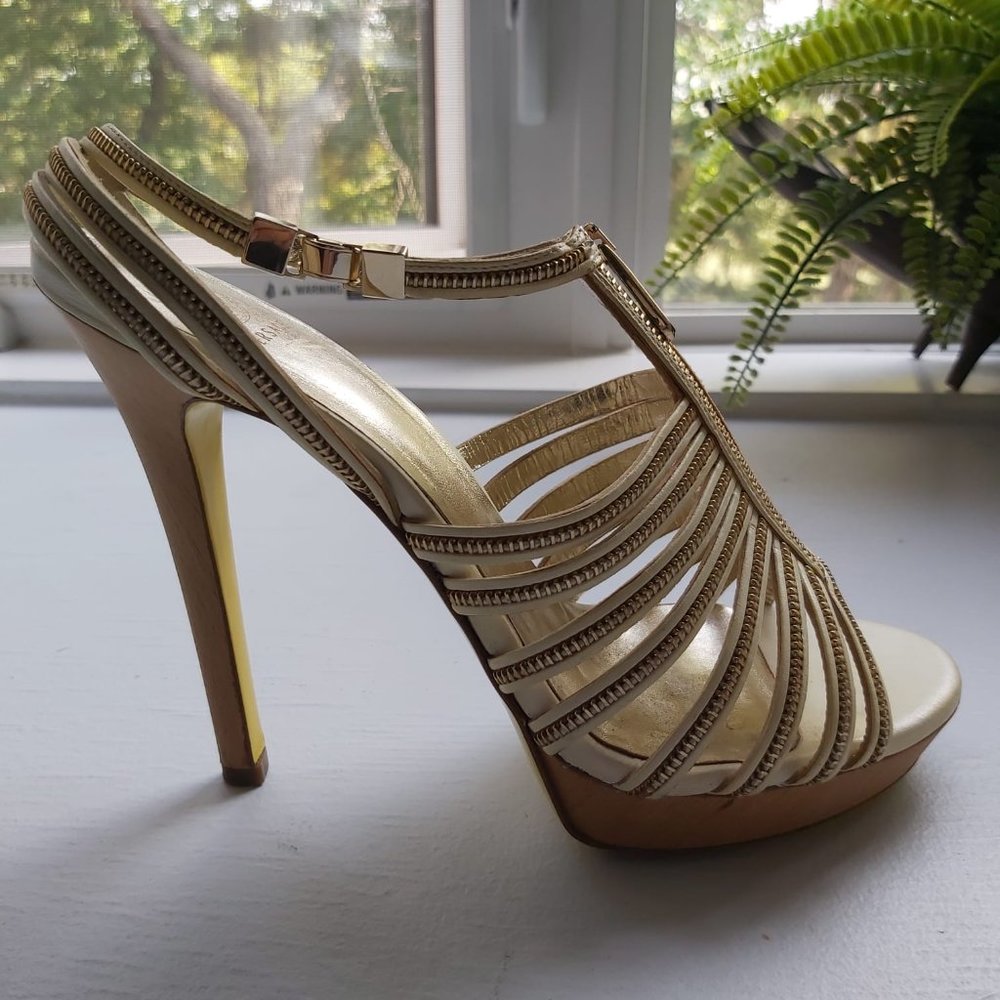 VERSACE Leather Gold Zip Cage Gladiator Sandal Heels size 39